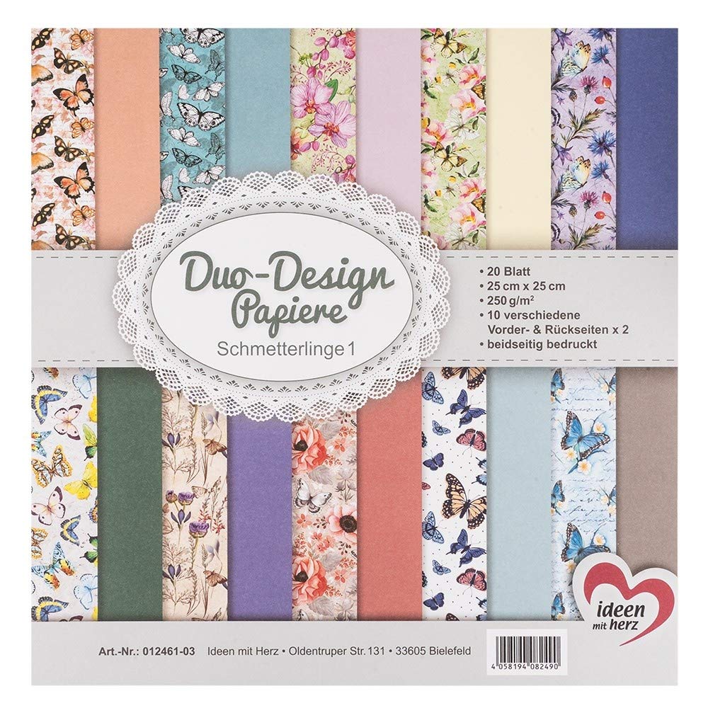Ideen mit Herz Duo Design Papers, Pad with 20 Sheets of Craft Paper, 25 x 25 cm, 250 g/m², Printed on Both Sides, Design Paper, Motif Paper, Ideal for Scrapbooking, Crafts (Butterflies 01)