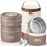 Dandat 3 Pcs Portable Insulated Lunch Container Set for Adult, Stackable Stainless Steel Bento Box for Hot Food with Insulated Lunch Bag Unisex 3 Separate Thermal Food Container(Khaki)