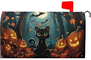 Kcozydecor Black Cat Halloween Pumpkin Mailbox Covers Magnetic Standard Size 18"" X 21"",Maple Leaf Black Bat Mailbox Wraps Post Letter Box Cover for Holiday Garden Yard Decor