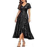 Pinup Fashion Womens Formal Dresses - Sequin Cocktail Party Evening Wedding Guest Flutter Sleeve High Low Long Dress