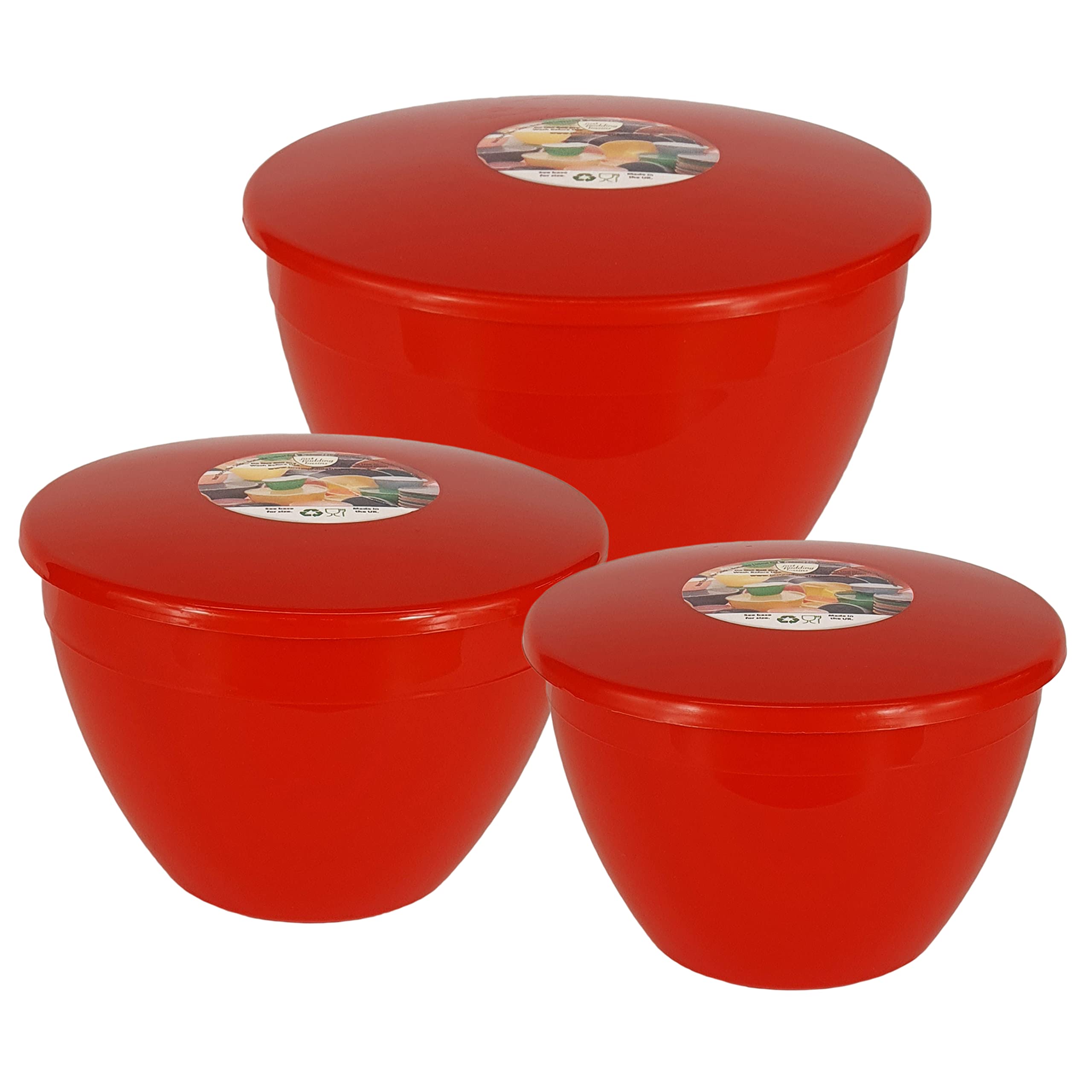 Just Pudding Basins 3 Red Larger Pudding Basin Steaming Bowl Sizes and Lids in 1 Set, 1x 1.5pt (850ml), 1x 2 Pint (1.14lt), 1x 3pt (1.71lt)