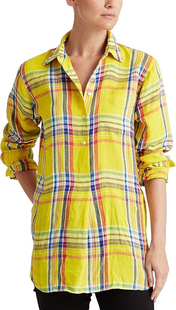 Lauren Ralph Lauren Women's Plaid Lightweight Linen Tunic Shirt Large L at Amazon Womenâs 