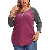 3/4 Sleeve Shirts for Women Plus Size Casual V Neck Blouses Color Block Henley Shirts