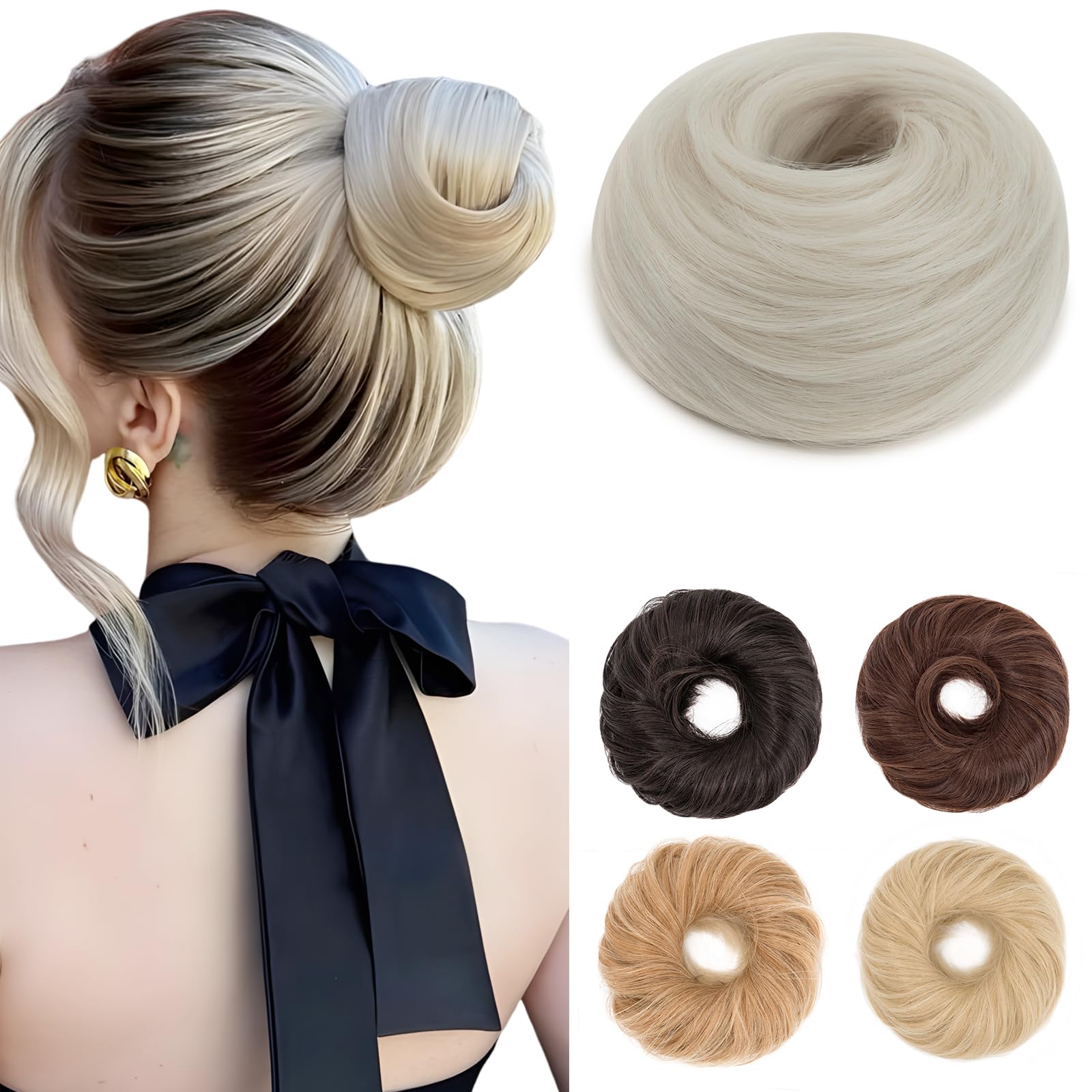 Benehair Messy Bun Hair Scrunchies Curly Hair Buns Hairpiece Synthetic Ponytail Bun Extensions Blonde with Gray Hair Pieces for Women (Blonde with Gray, 55g)