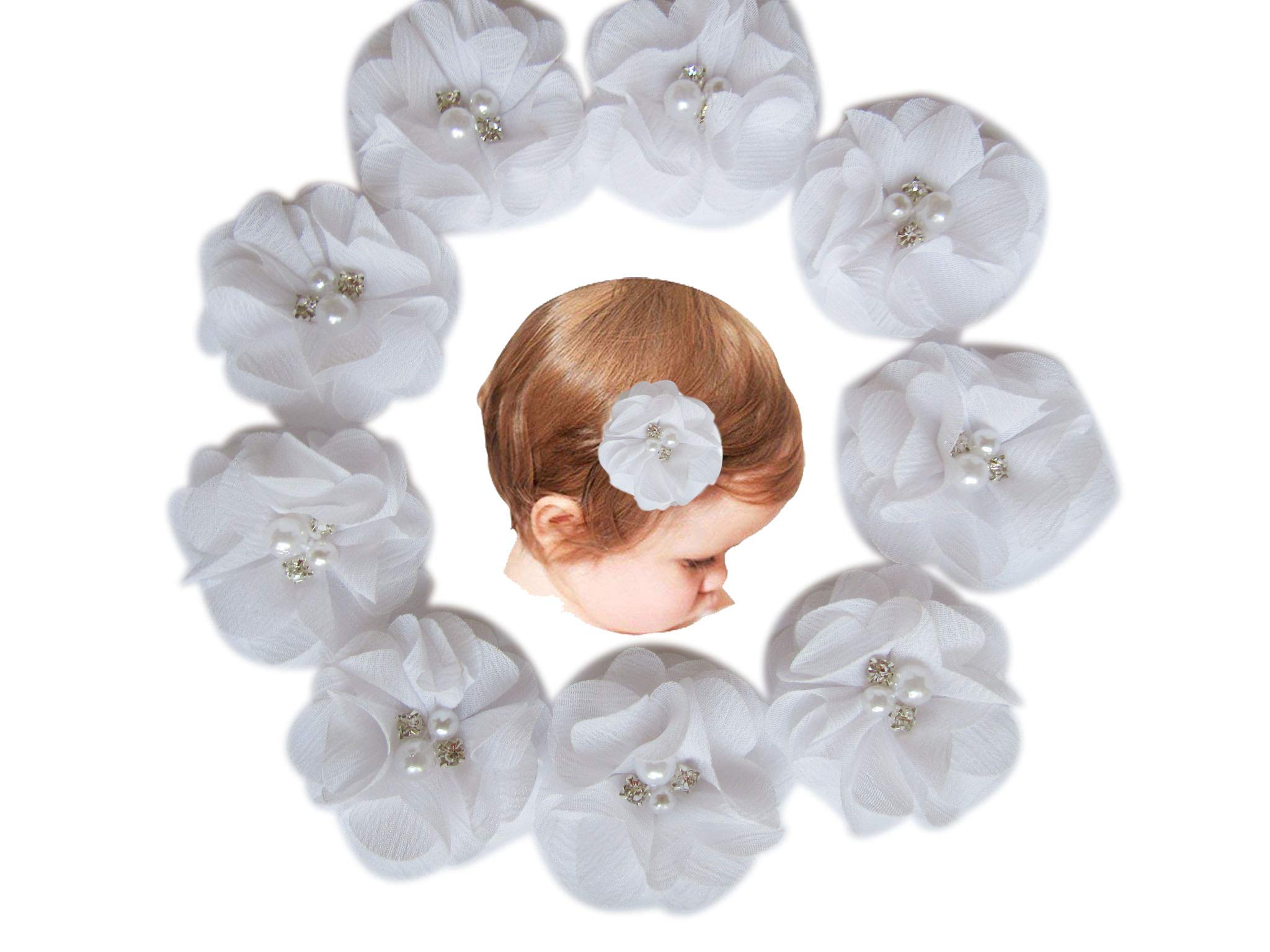 Baby Girls Chiffon Flower Hair Clips with Rhinestones and Pearl,YYCRAFT 10 pcs Party Wedding 2" Hair Accessory for Kids Toddler Infant Girls(Snow White)