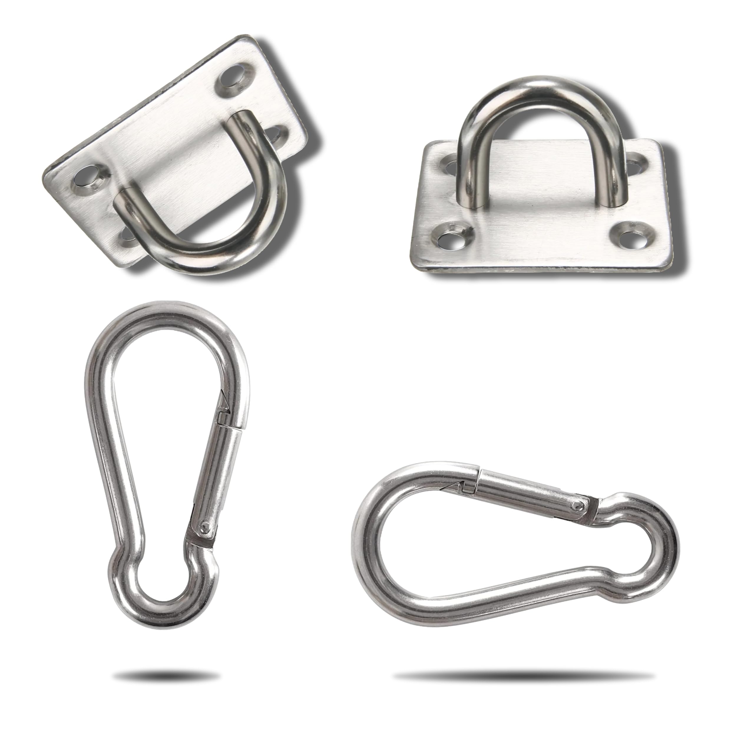 2 Pcs M6 Oblong Pad Eye Plates and 2 Pcs Carabiner Clips, Stainless Steel Ceiling Hook and Loop Suspension Kit, Marine Hardware Anchor Plates with U Hooks, Screws, and Plastic Wall Plugs