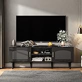 FONTOI TV Stand, Modern Television Stand for 50/55/60 inch TV, Fluted Entertainment Center with 2 Rattan Doors, TV Cabinet with Wood Legs & Golden Handles, Media Console for Living Room, Black