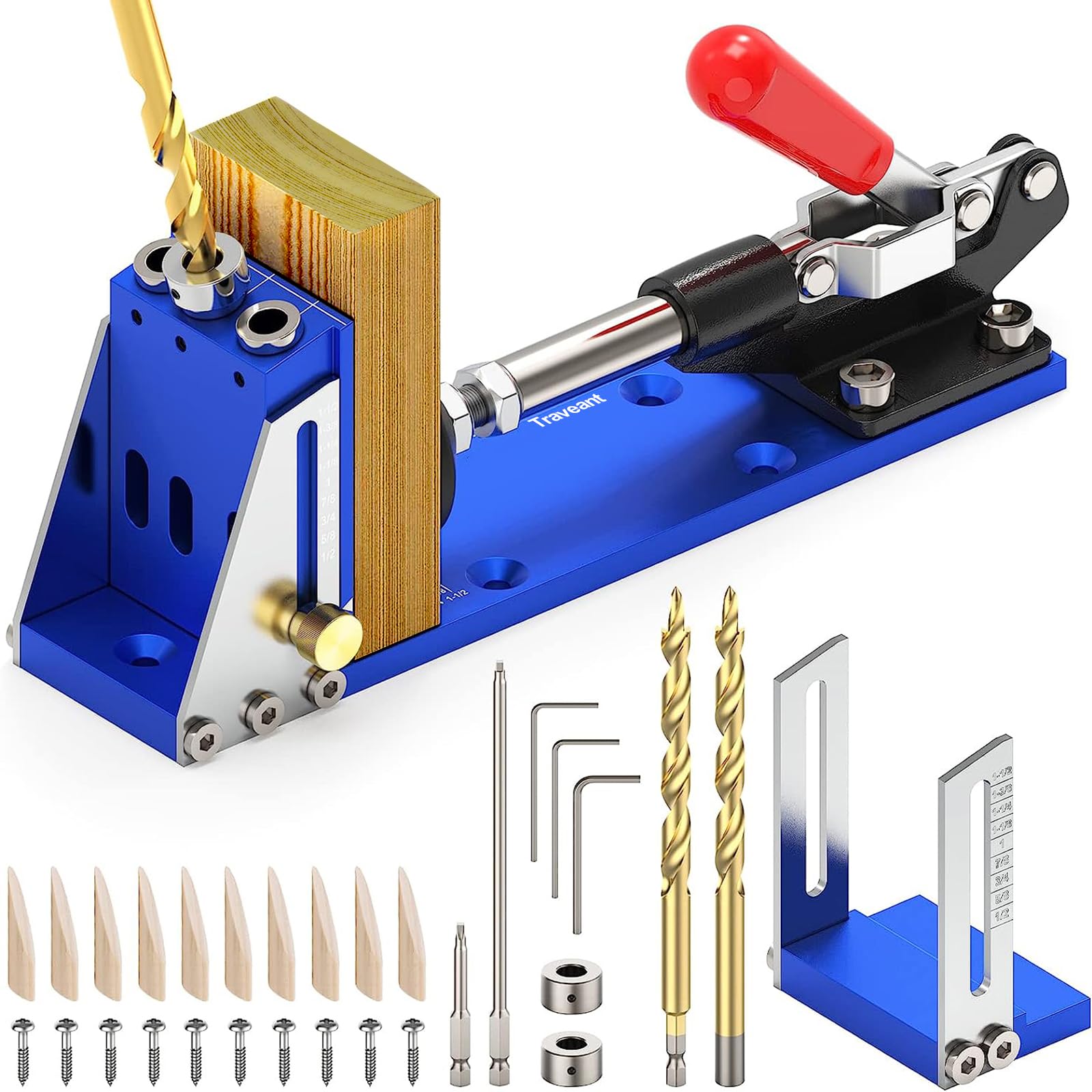 Photo 1 of **HAS BROKEN DRILL BITS** TRAVEANT Pocket Hole Jig Tool Kit, Pocket Hole Drill Guide Jig Set for 15° Angled Holes, All-Metal Pocket Screw Jig, Adjustable & Easy to Use Complete Kit of Drill Guide (Klein Blue)