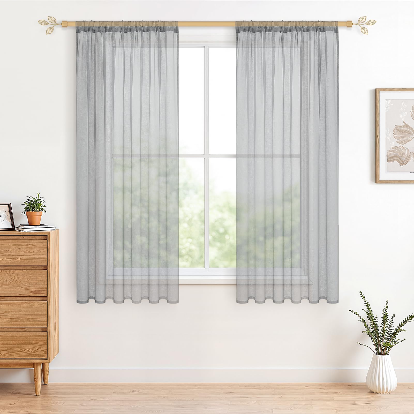 CUTEWIND Pair of Grey Drop Sheer Curtains 63 Inch Length Voile Top Curtains for Cafe Window Bedroom Living Room Balcony Basement Rod Pocket Ashy Curtains 2 Panels(Grey,55" x 63")