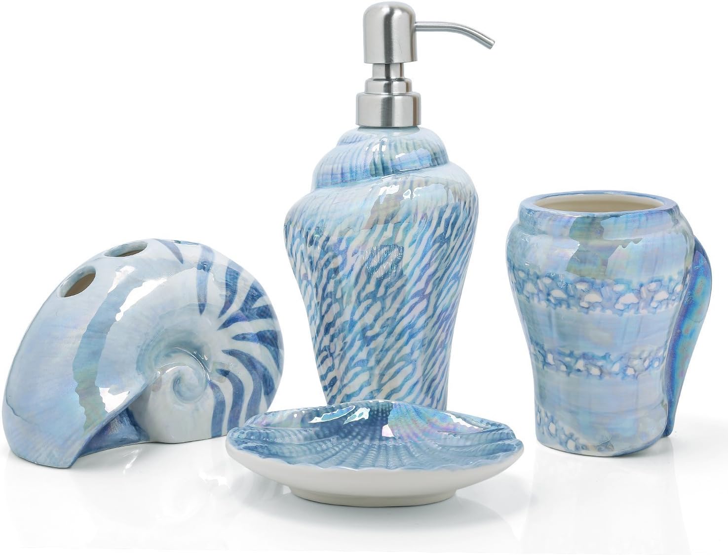 HUIDANG 4 Pc Mediterranean Style Blue Ceramic Soap Dish,Soap Dispenser, Toothbrush Holder & Tumbler Bathroom Set