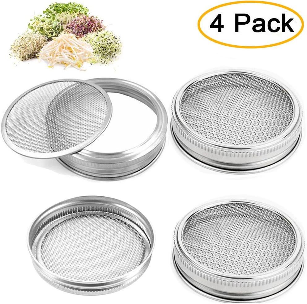 4pcs Stainless Steel Sprouting Lids for Wide Mouth Mason Jars Sprouter Screens for Growing Organic Sprouts