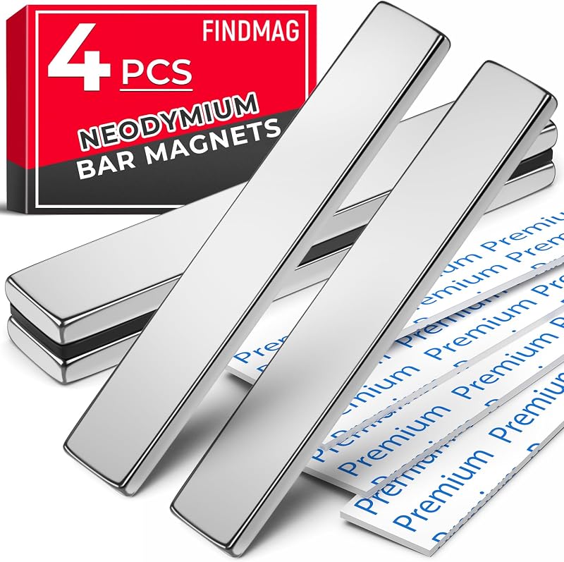 FINDMAG 4 Pack Neodymium Magnet Bar 60x10x3 mm with Adhesive Strips