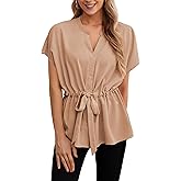 AWULIFFAN Women's Button Down Blouses Casual Peplum Summer Tops Short Sleeve Work Chiffon Shirts (Apricot,Large)
