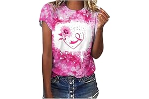 DOLKFU Pink Breast Cancer Shirts for Women Cancer Survivor Ribbon Blouses Tops Short Sleeve Cancer Fight Awareness Shirt