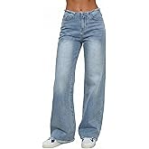 Emmiol Women Wide Leg Jeans Tummy Control Waisted Straight Stretchy Denim Pants with Pockets