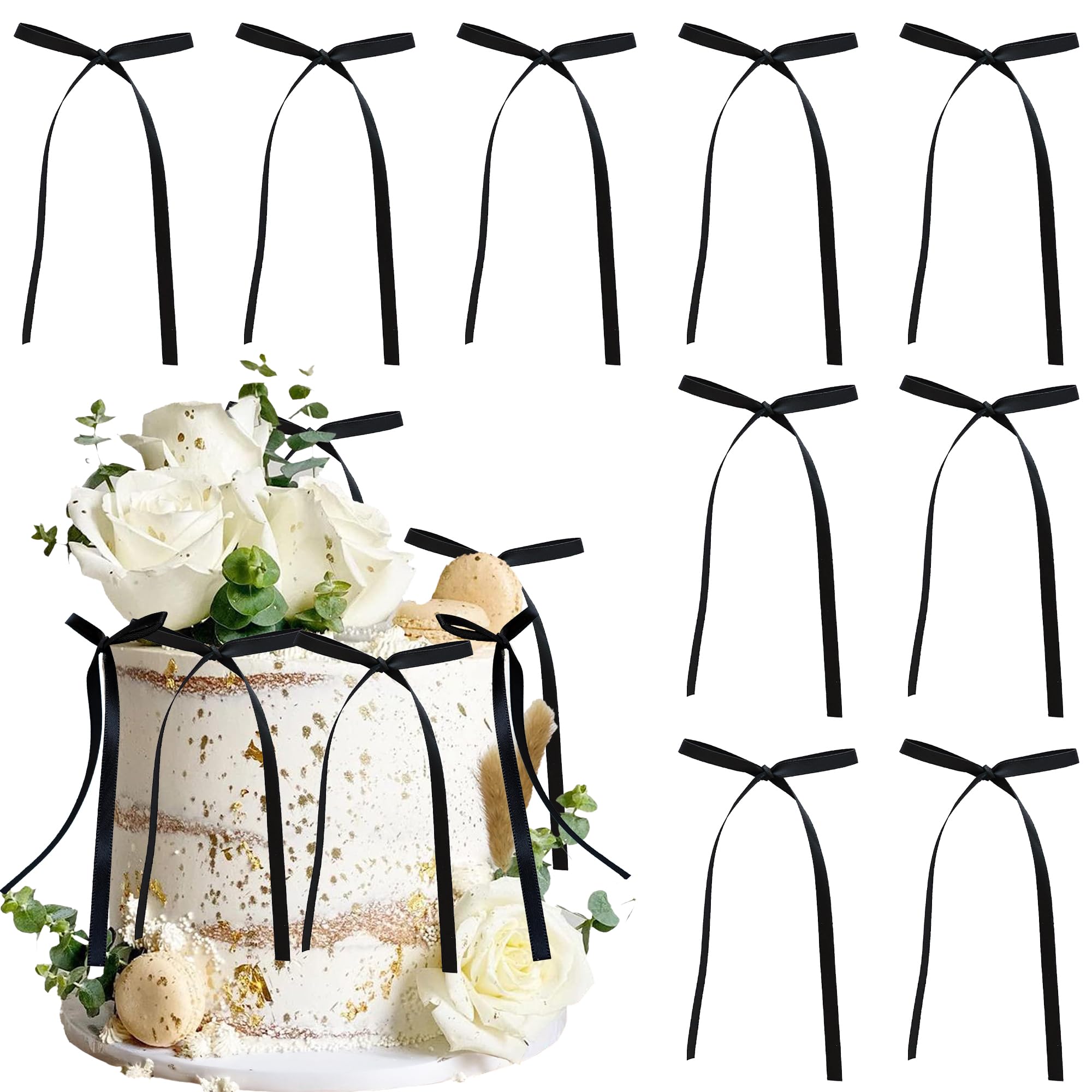 Gyufise 30Pcs Bowknot Cake Toppers Bow Cake Decorations Picks Baby Shower Cake Decorations for Birthday Wedding Party Wedding Anniversary Party Supplies Black