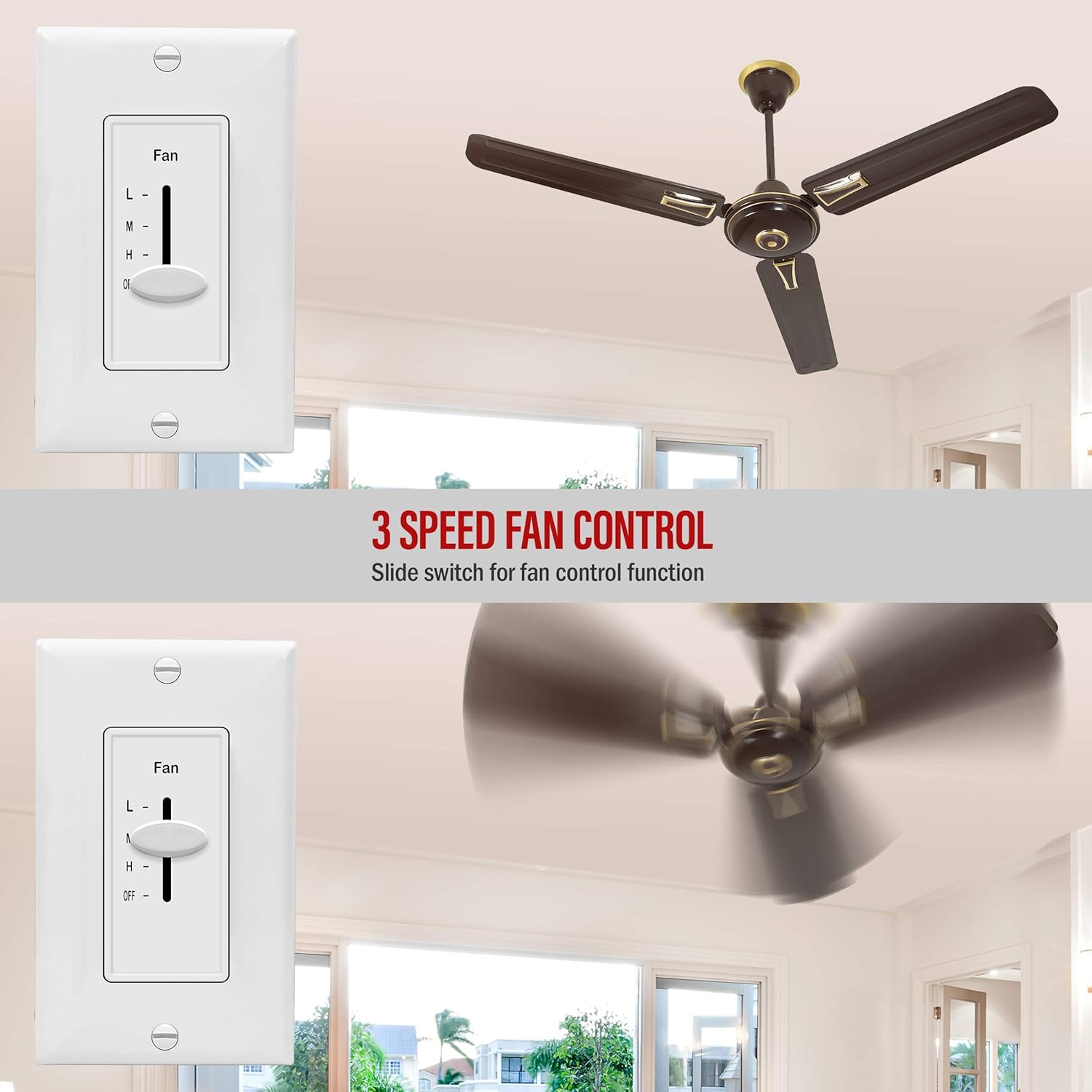 ENERLITES 3 Speed In Wall Ceiling Fan Control, Slide switch, 120VAC, 2.5A, Single-Pole, Neutral Wire Required, 17000-F3-W-F, White - - 
