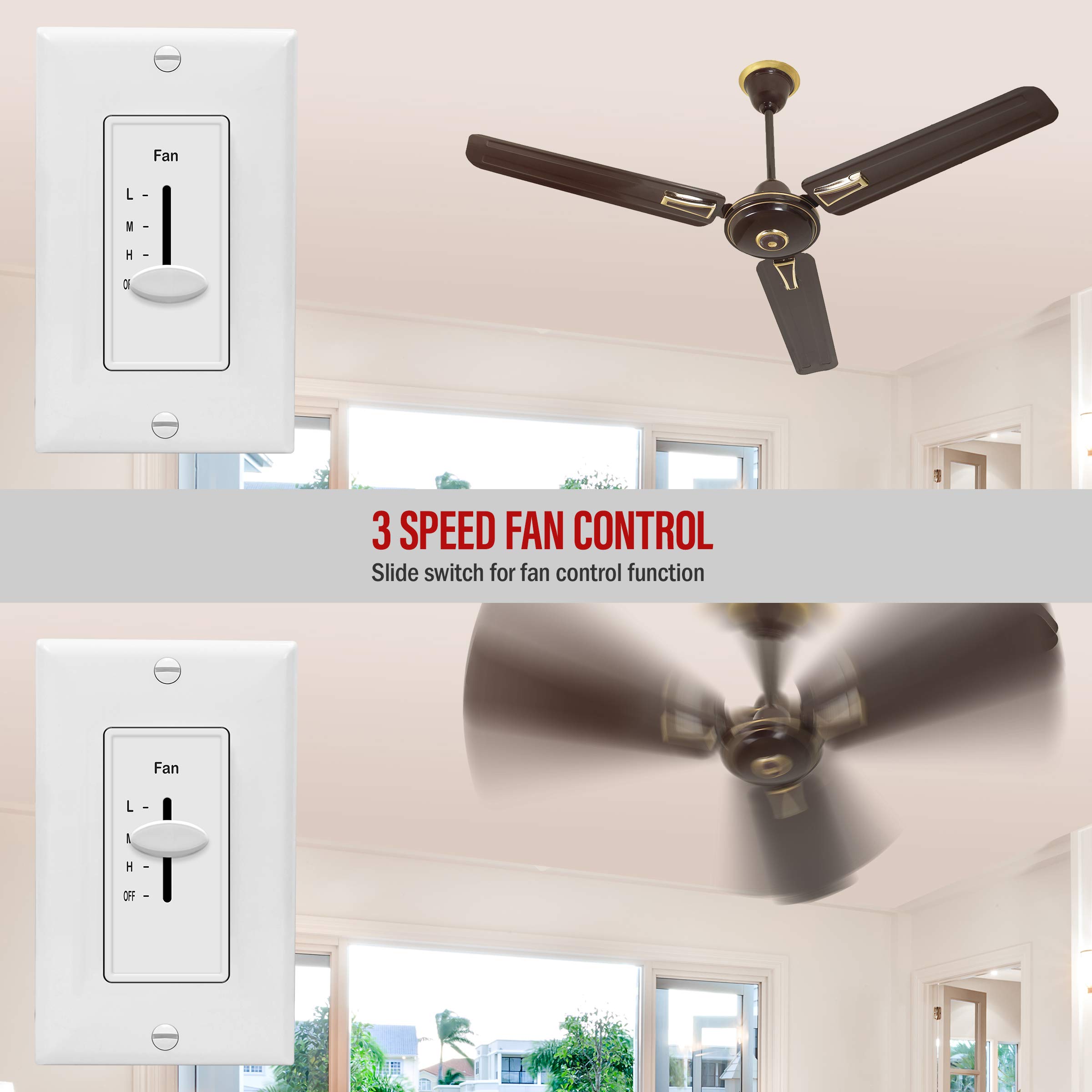 ENERLITES 3 Speed Decora in Wall Ceiling Fan Control, Slide Switch, 120VAC, 2.5A, Single-Pole, Neutral Wire NOT Required, 17000-F3-W2P, White, 2 Pack