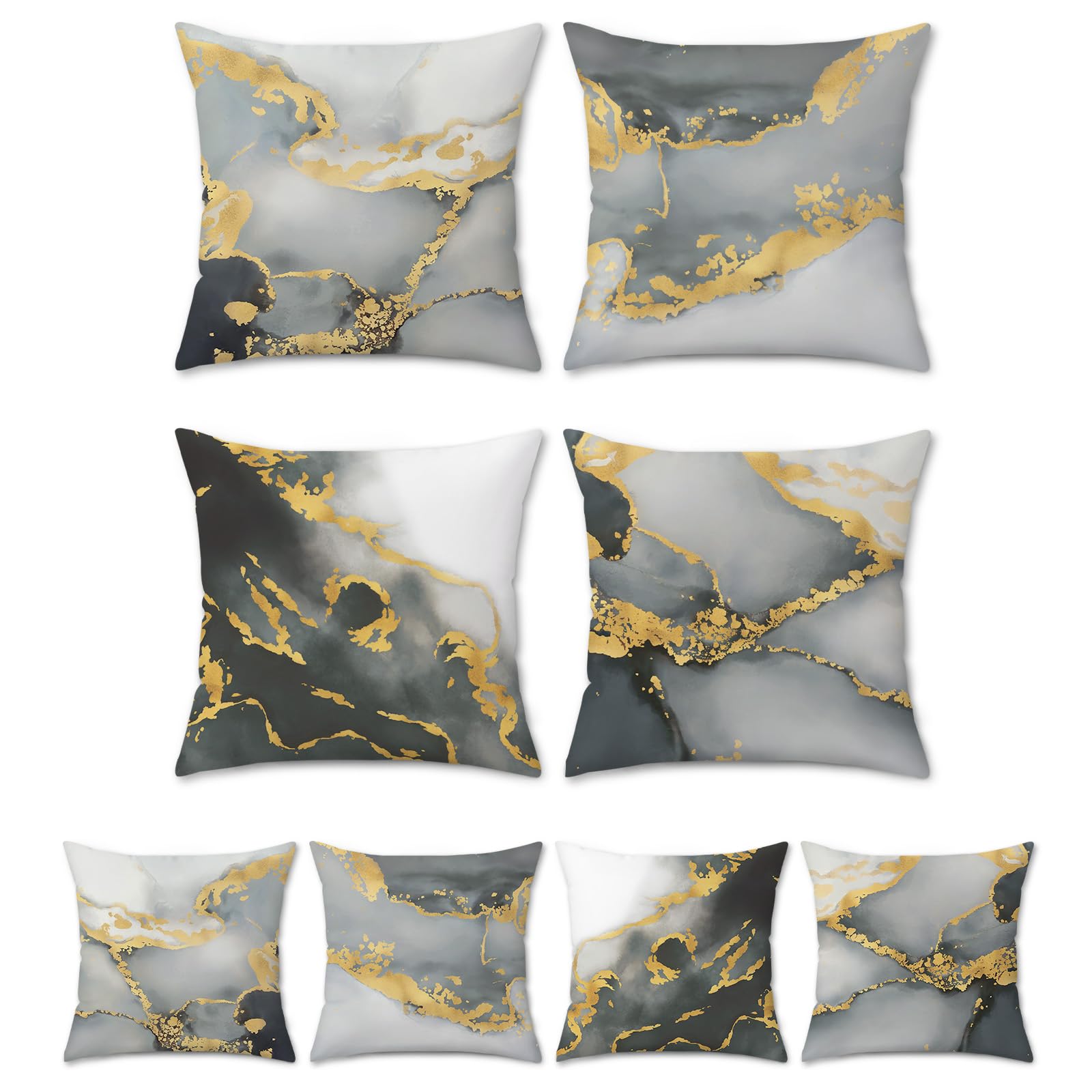 Bonhause Set of 4 Grey Black Gold Marble Cushion Covers 18x18 Inches