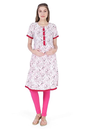 Women's Cotton Parmesan Beige & Ruby Red Maternity/Feeding Kurti