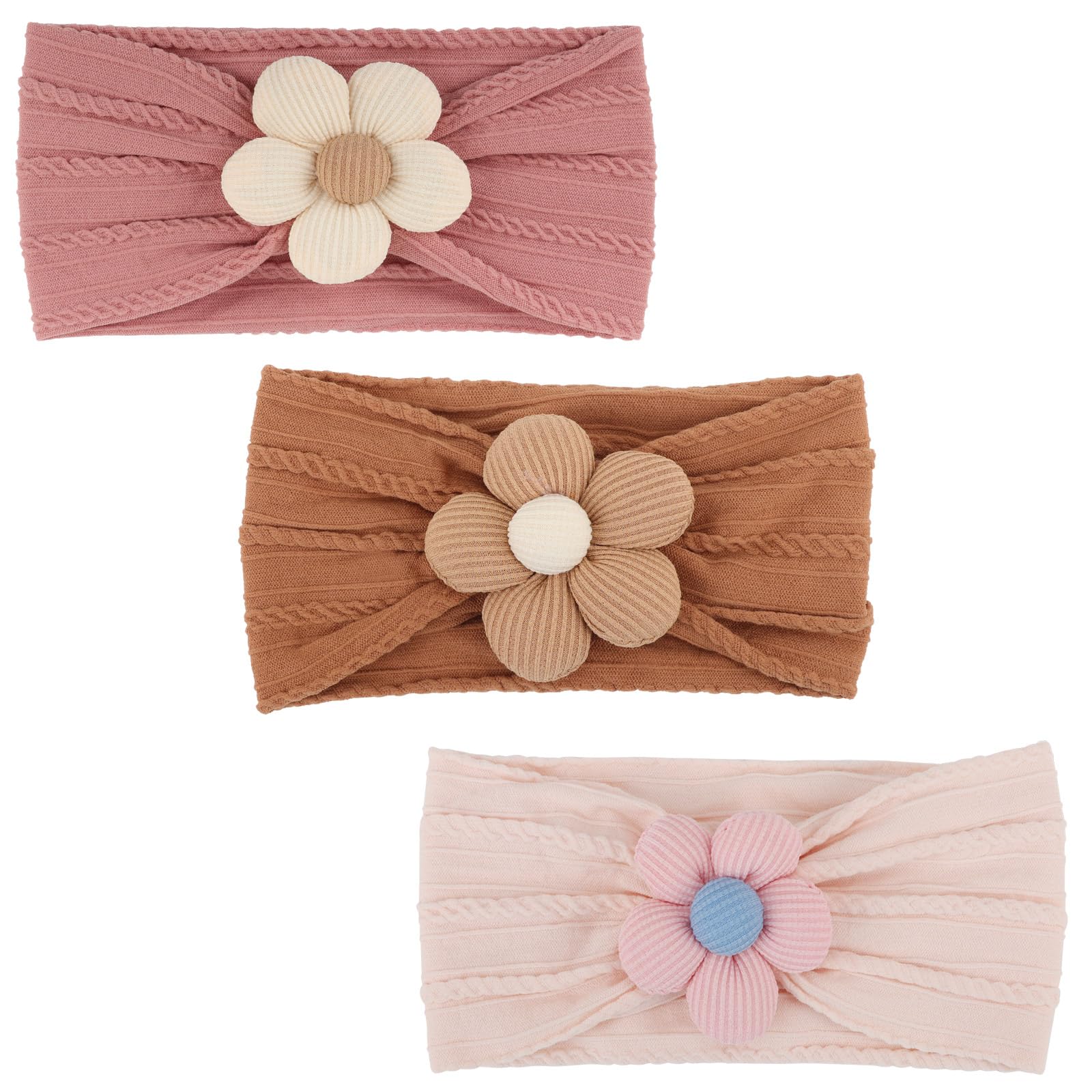 DRESHOW 3 Pack Girls Flower Headbands Stretchy Nylon Headbands Handmade Hair Accessories for Newborn Infant Toddlers Kids