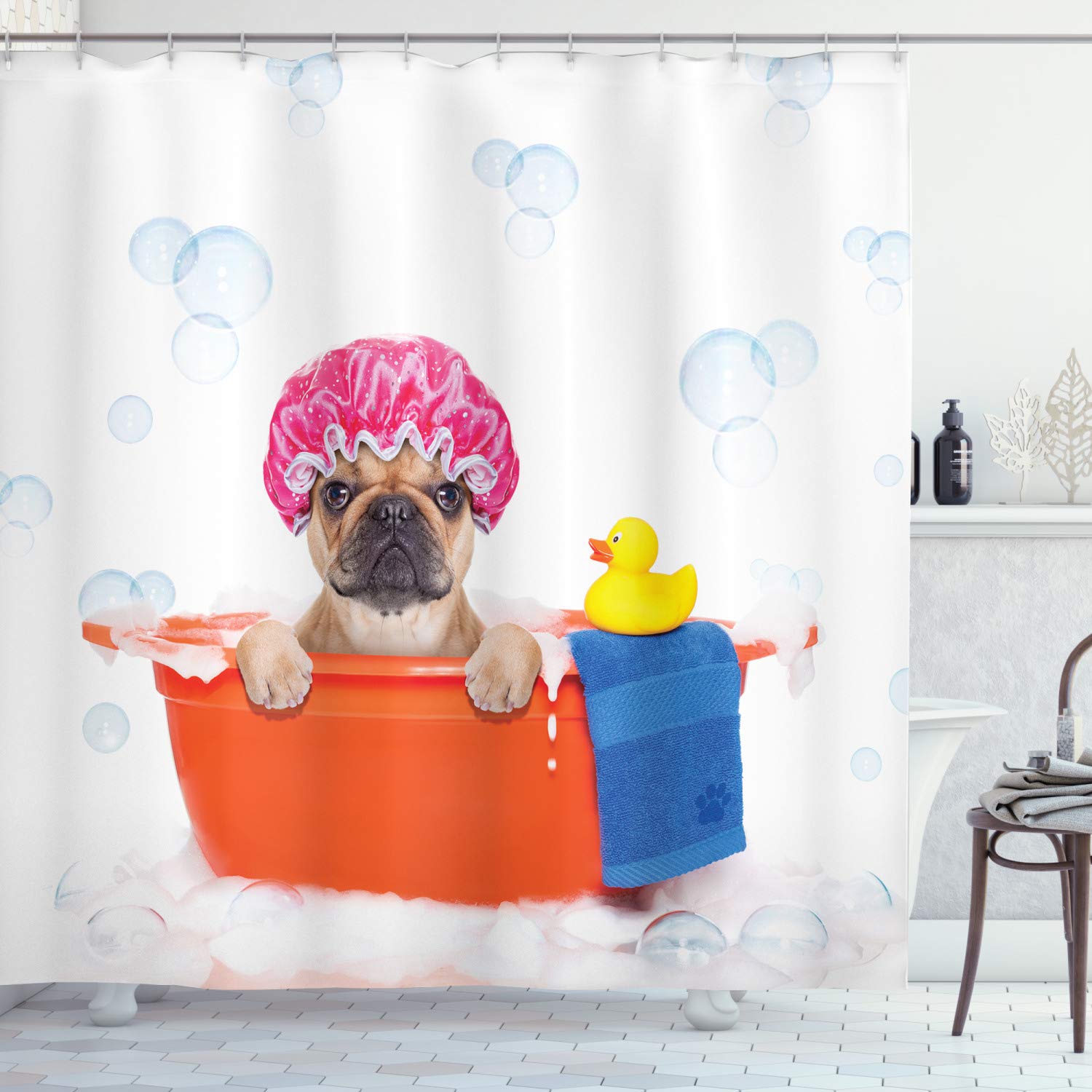 ABAKUHAUS Dog Lover Shower Curtain, Animal Having a Bath in Tub Rubber Duck Cleaning Theme on Bubbles Background, Cloth Fabric Bathroom Decor Set with Hooks, 78 Inches, Multicolor