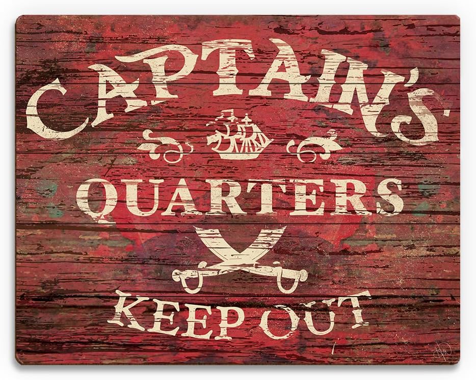 Captain's Quarters Keep Out- Red: Distressed Vintage Indoor Sign with Tall Ship and Crossed Swords Sabers on Woodplank-Pattern Wall Art Print on Wood