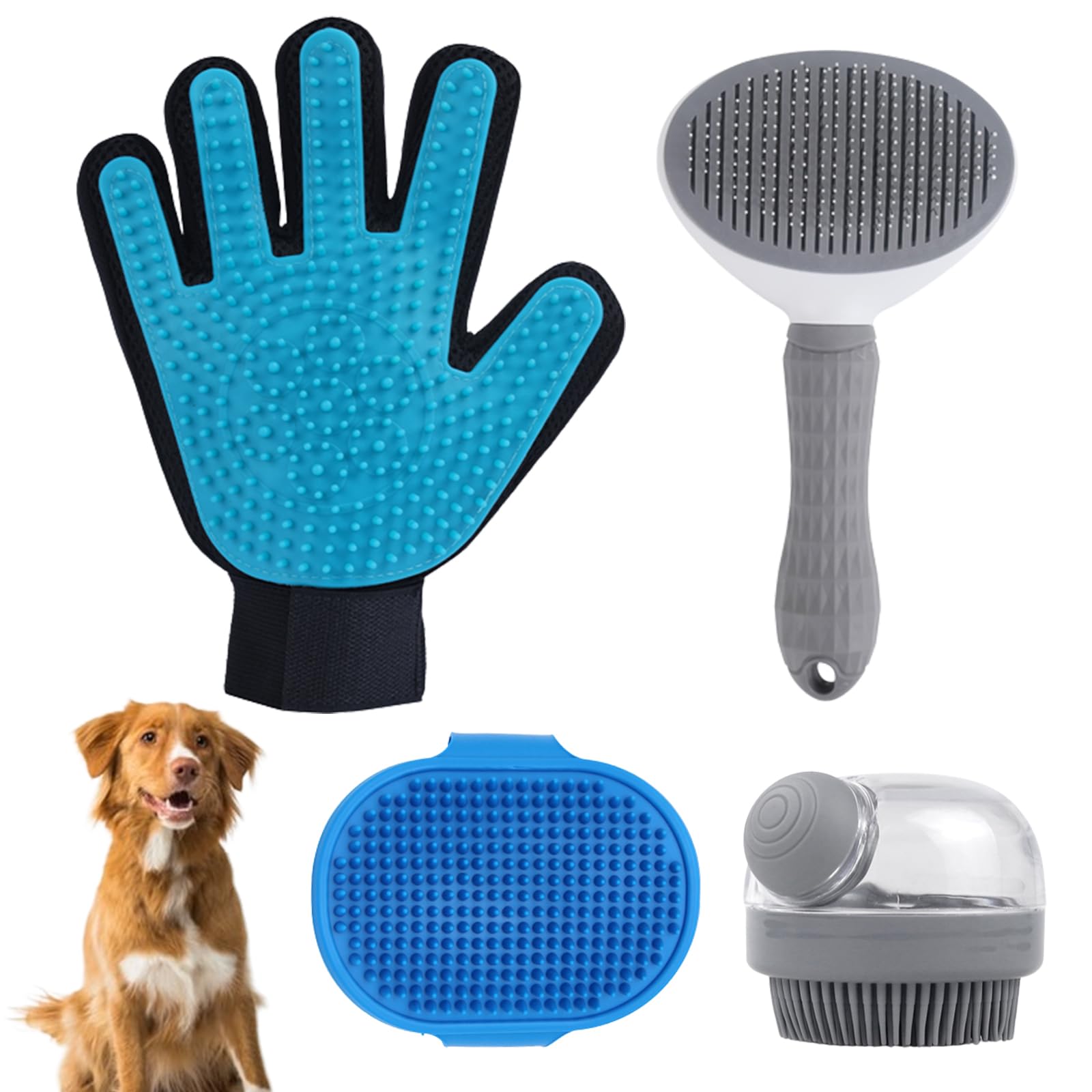 4Pcs Dog Shower Grooming Kit - Soft Silicone Pet Shampoo Massage Dispenser, Adjustable Soothing Rubber Brush, Self-Cleaning Slicker Comb, Gentle Deshedding Brush Glove for Cats & Dogs