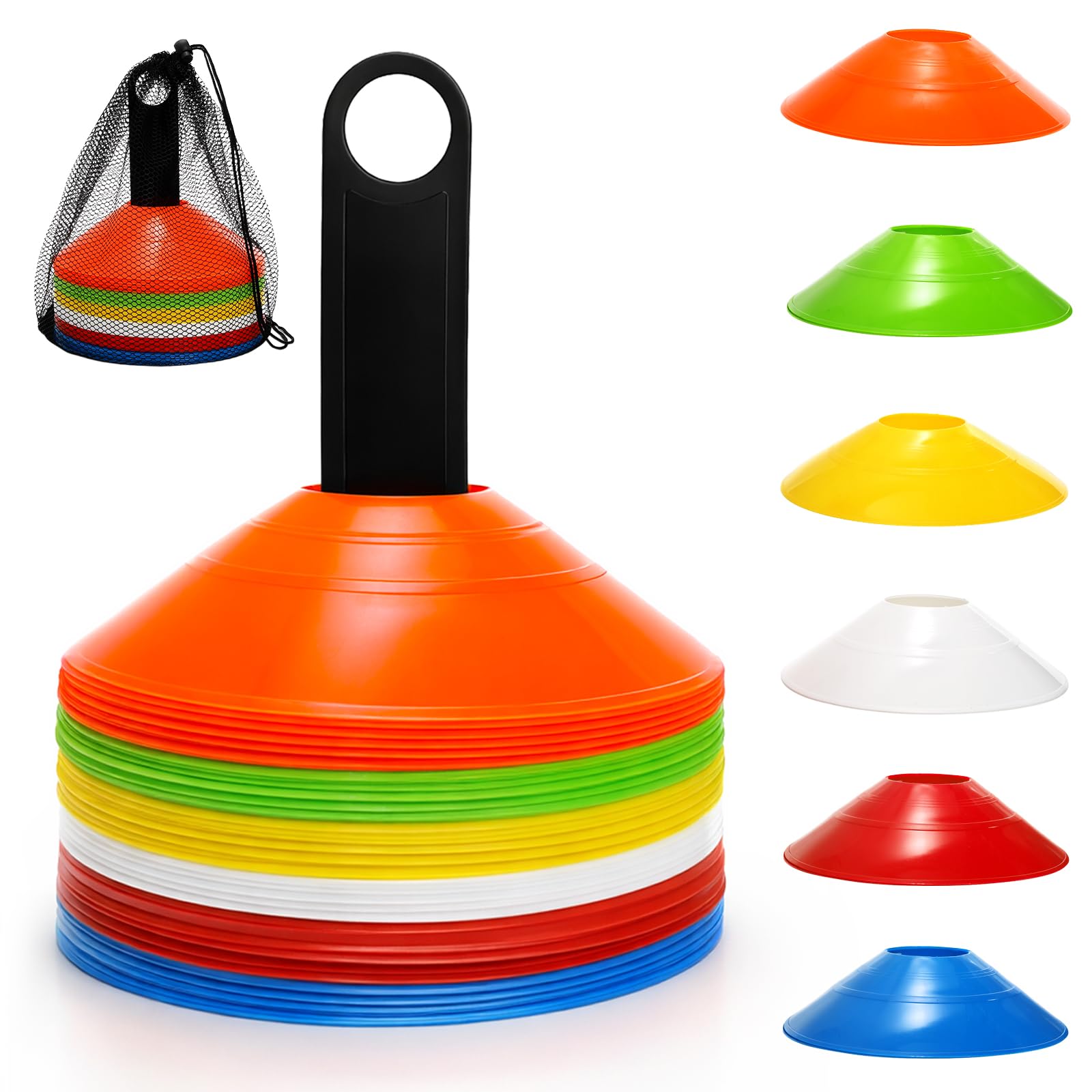 Tebery 60 Pack Marker Cones Including Holder and Bag Set, Sports Safety Space Marker Cones Suitable For Agility, Footwork, Rugby, Football, Hockey Training