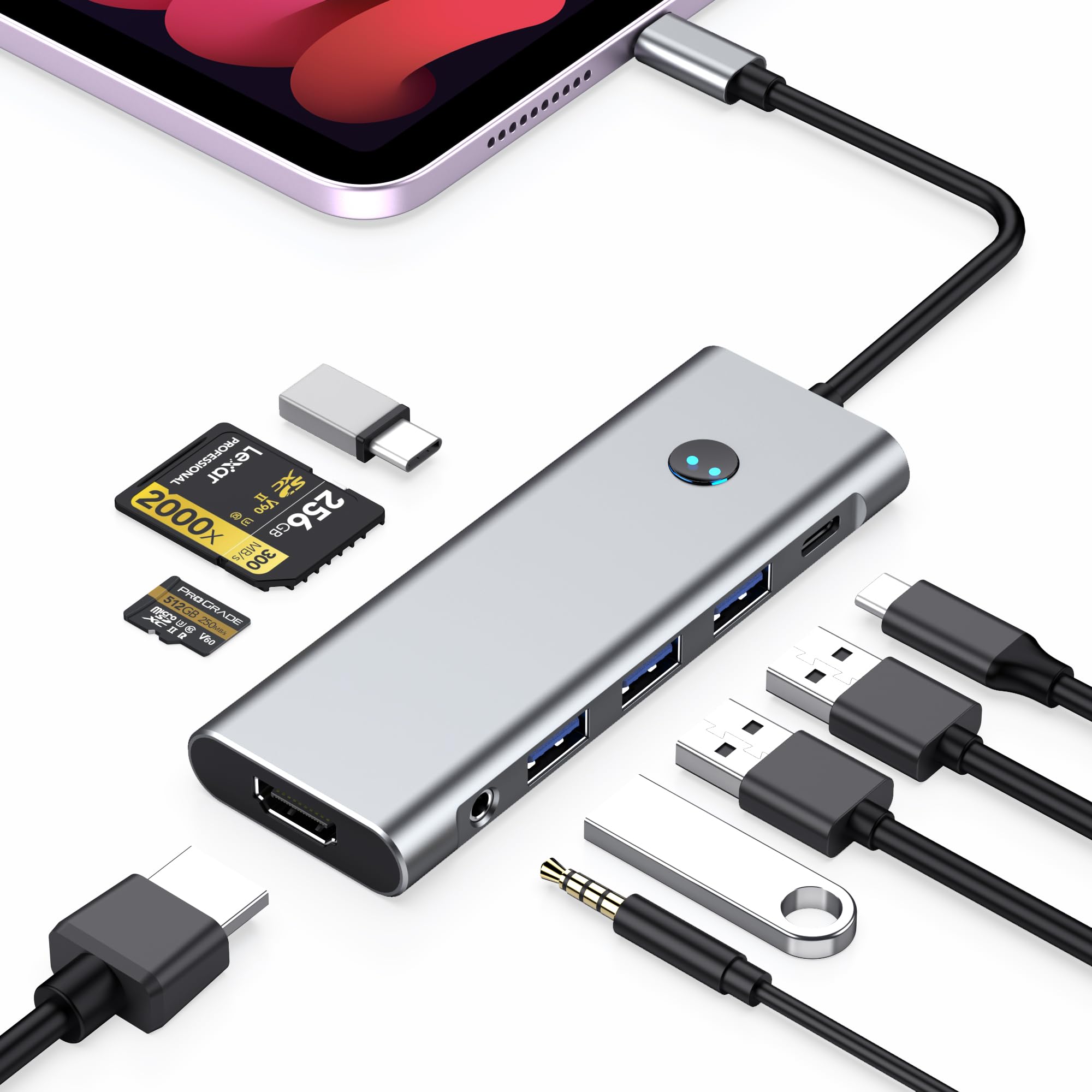USB C HUB for iPad Pro Adapter 4K 60Hz HDMI, 100W PD, SD/TF Card Reader, 3 USB A Port, 3.5mm Audio Jack, 9 in 1 USB C Dock for iPad Air/Galaxy Dex/Tablet/MacBook/iMac/iPhone 17/Steam Deck/HP/Dell