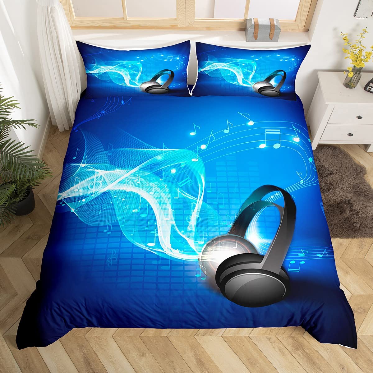 richhome Teens Black Headset Double Size Duvet Cover Blue Musical Notes Bedding Set 3pcs for Kids Teens Adult Hippie Rock Music Comforter Cover Soft Quilt Cover Bedroom Decor Bedspread