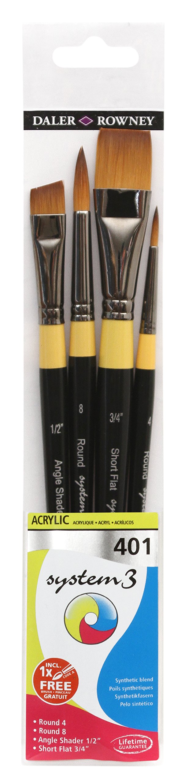 Daler-Rowney System3 Acrylic Brush, Synthetic Hair, Short Handle, Round, Angle Shader and Short Flat, , Wallet, Set 401, 4 Assorted brushes