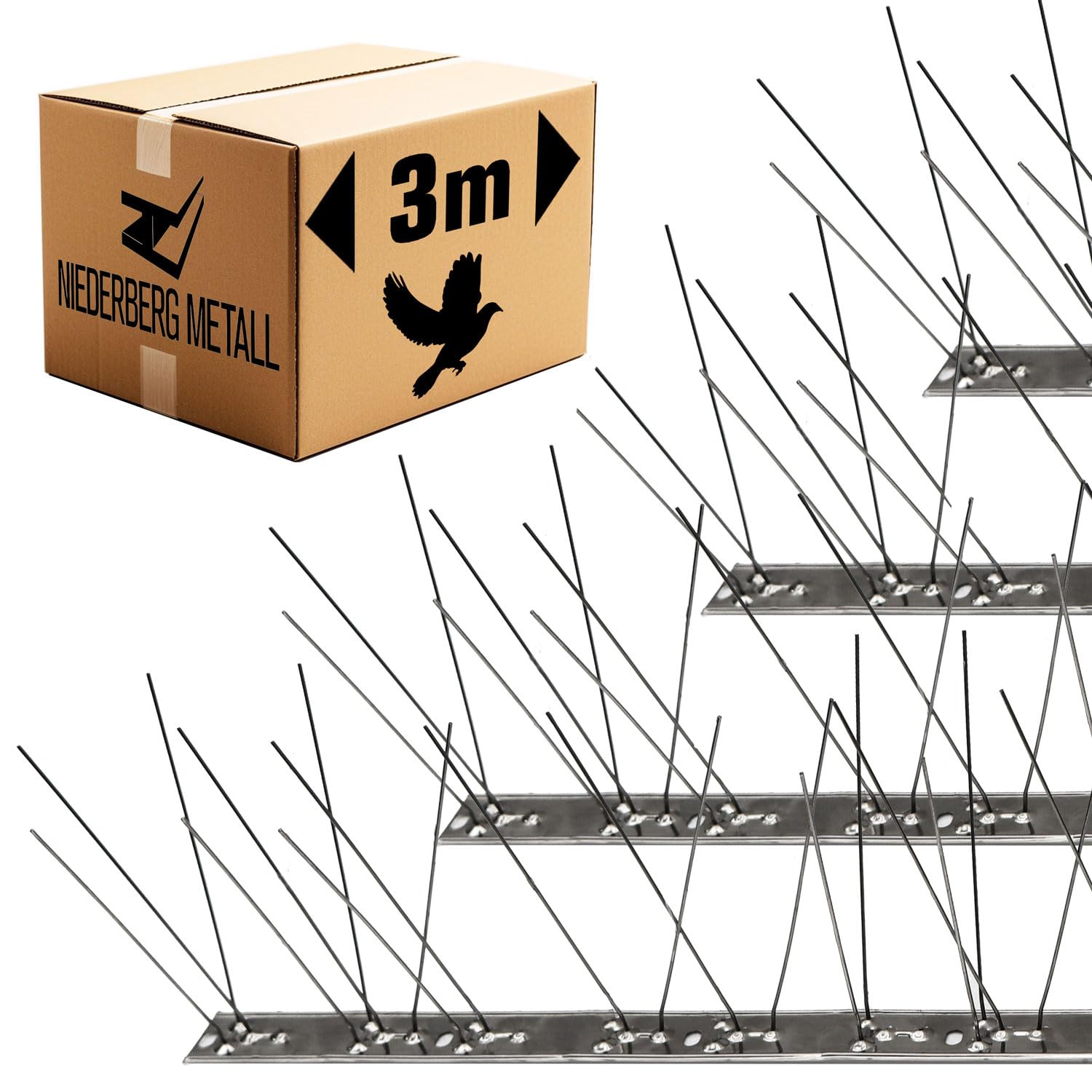 Niederberg Metall Pigeon Spikes - 3 Metre Stainless Steel Bird Spikes for Pigeons with 108 Spines - Bird Deterrent Spikes for Fence Tops & Roofs - Anti Cat Spikes for Garden Bed Bird Repellent Spikes