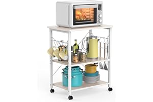 Mr IRONSTONE Baker's Rack, Kitchen Microwave Cart, Coffee Bar Table Station, 3-Tier Kitchen Utility Storage Shelf with Rolling Wheels Coffee Cart Kitchen Microwave Stand with 10 Hooks, White