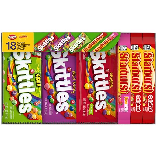 SKITTLES & STARBURST ASSORTED CANDY VARIETY PACK FOR HOLIDAYS, GIFTS, PARTIES, CANDY ASSORTMENT, 37.05 OZ (18 COUNT) BULK BOX