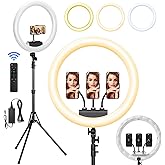 Ring Light with Stand, 19in LED Selfie Circle Light, Max 8ft/2.5m Tripod Stand, 3 Holders for iPhone, Remote Control, 6300K Color Temperature for Live Streaming, Barber, Makeup, YouTube, Tiktok