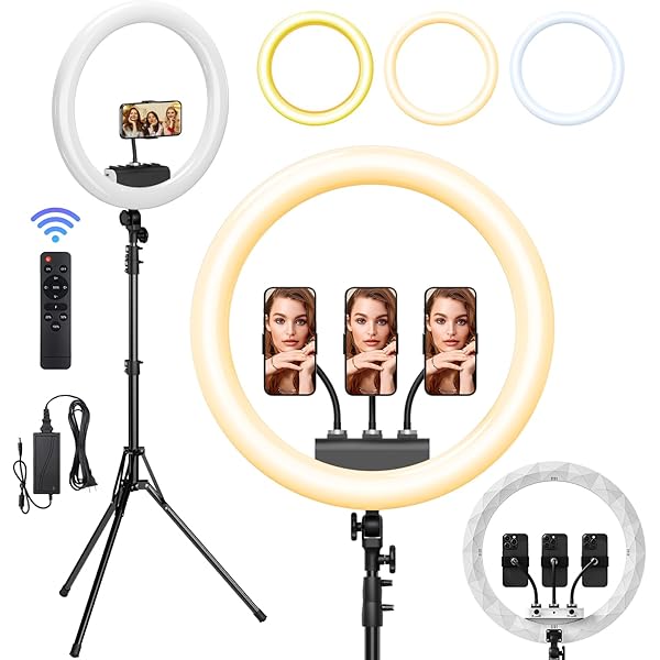 Ring Light with Stand, 19in LED Selfie Circle Light, Max 8ft/2.5m Tripod Stand, 3 Holders for iPhone, Remote Control, 6300K Color Temperature for Live Streaming, Barber, Makeup, YouTube, Tiktok