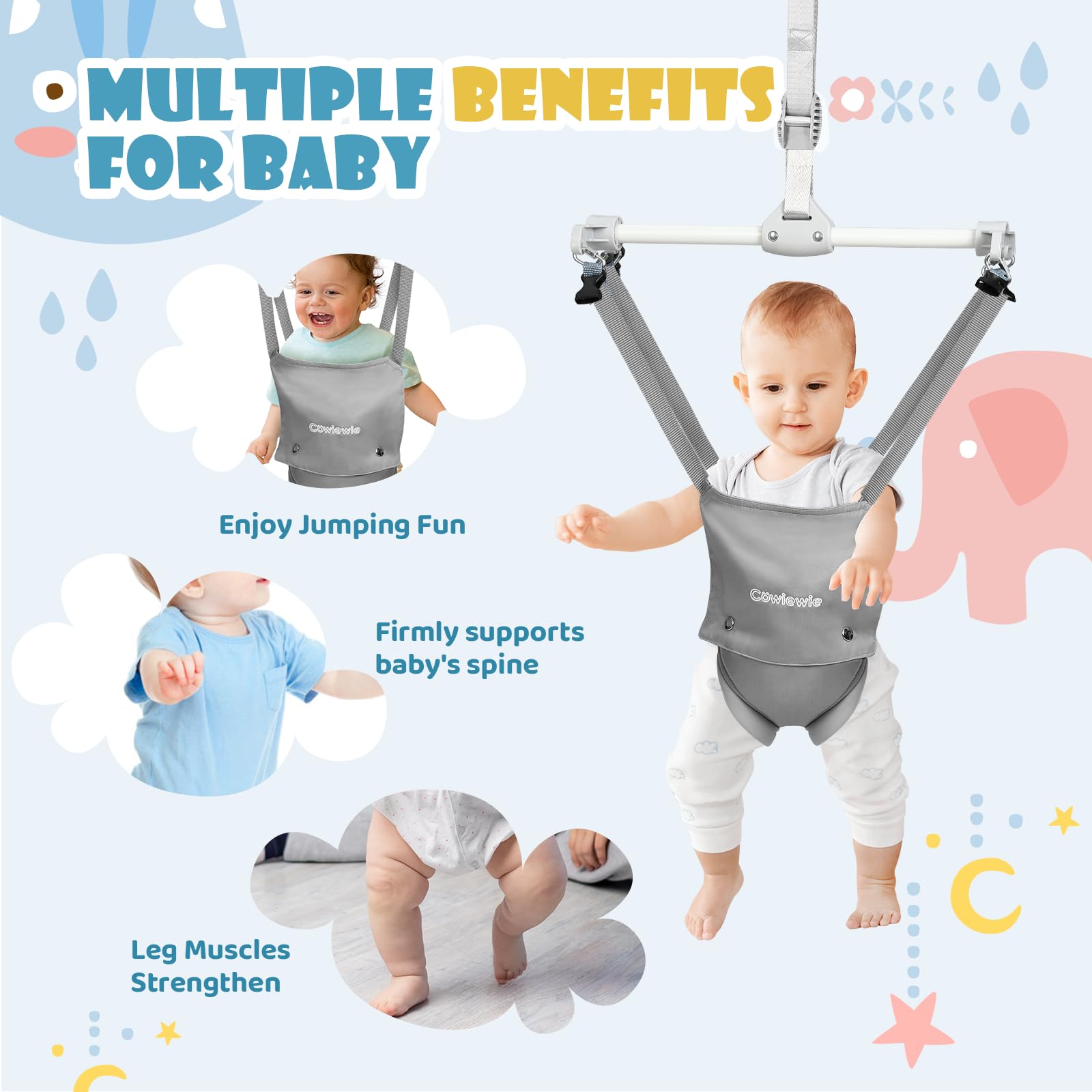 Cowiewie 2 in 1 Baby Door Jumper w/Baby Walking Harness Function, Baby Jumper with Door Clamp Adjustable Strap and Seat, Gray
