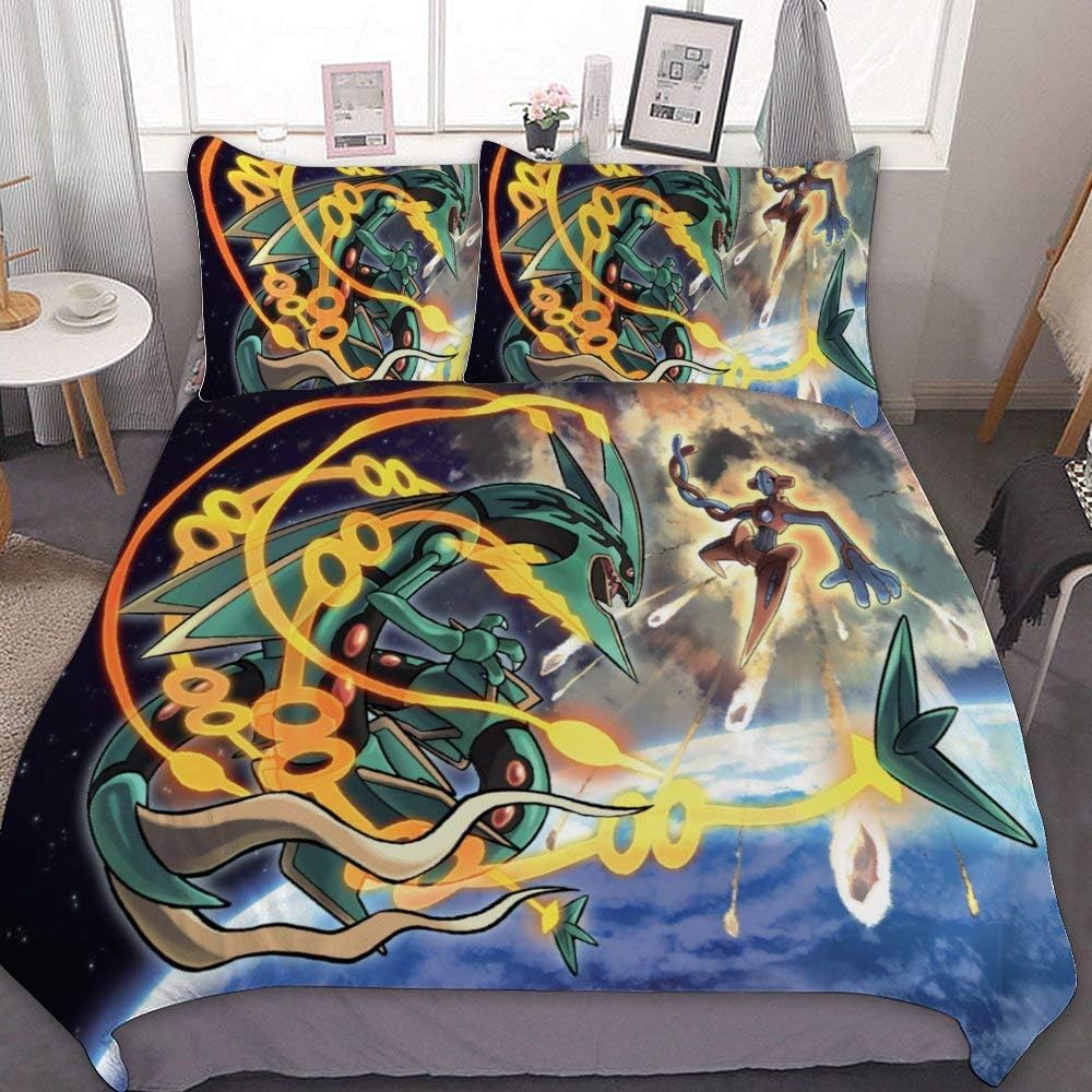 MEW Anime Poke-mon Twin Bedding Duvet Cover Set,Mega Rayquaza Deoxys,3 Pieces Bedding Set,with Zipper Closure and 2 Pillow Shams,Cute Boys Girls Comforter Sets,Luxury Guestroom Decorations