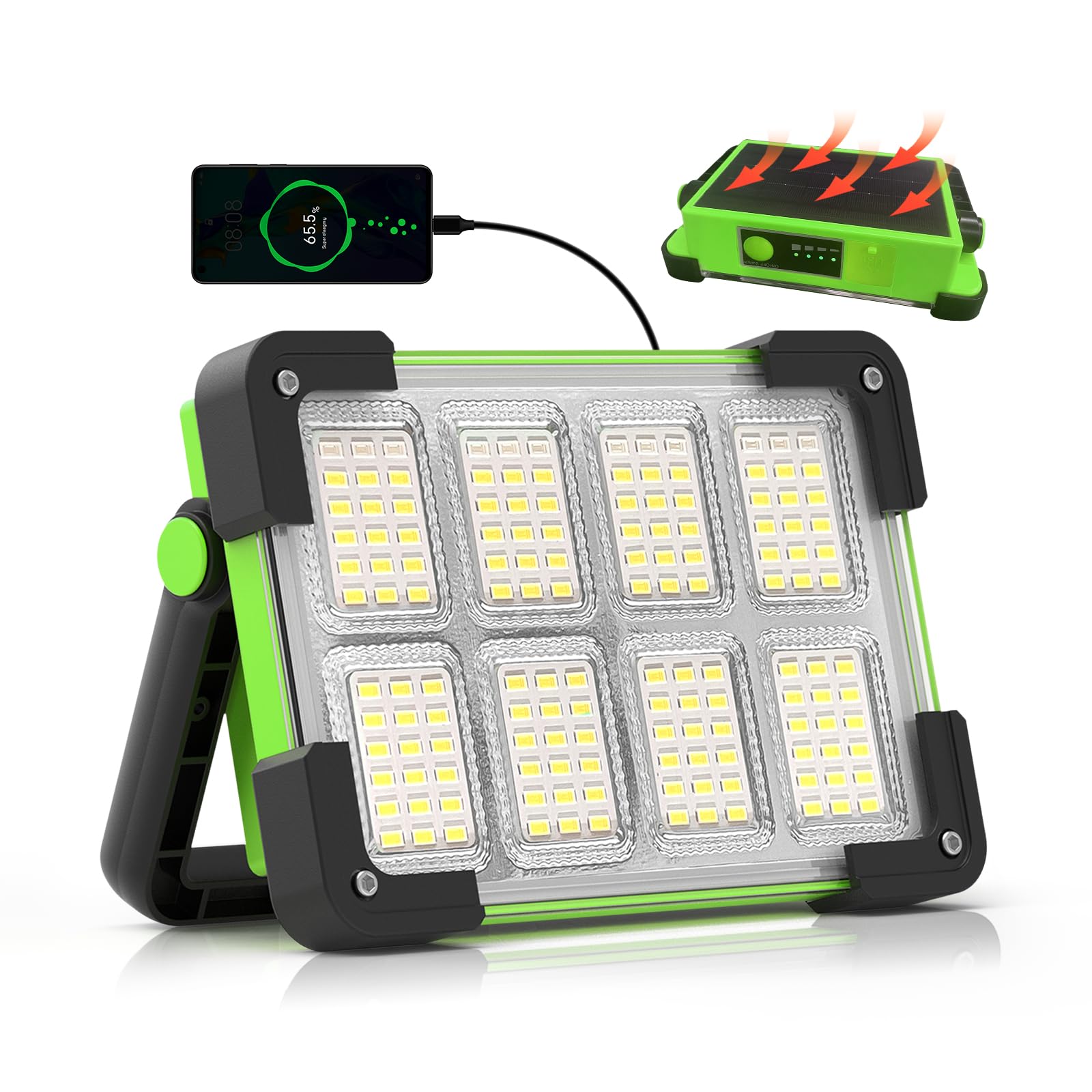 Photo 1 of 120W Solar Rechargeable Work Light, 144 LED 10000LM Led Work Light with 4 Modes, Portable Flood Light with Stand, IP66 Waterproof Outdoor Working Light for Emergency Mechanic Camping Repair