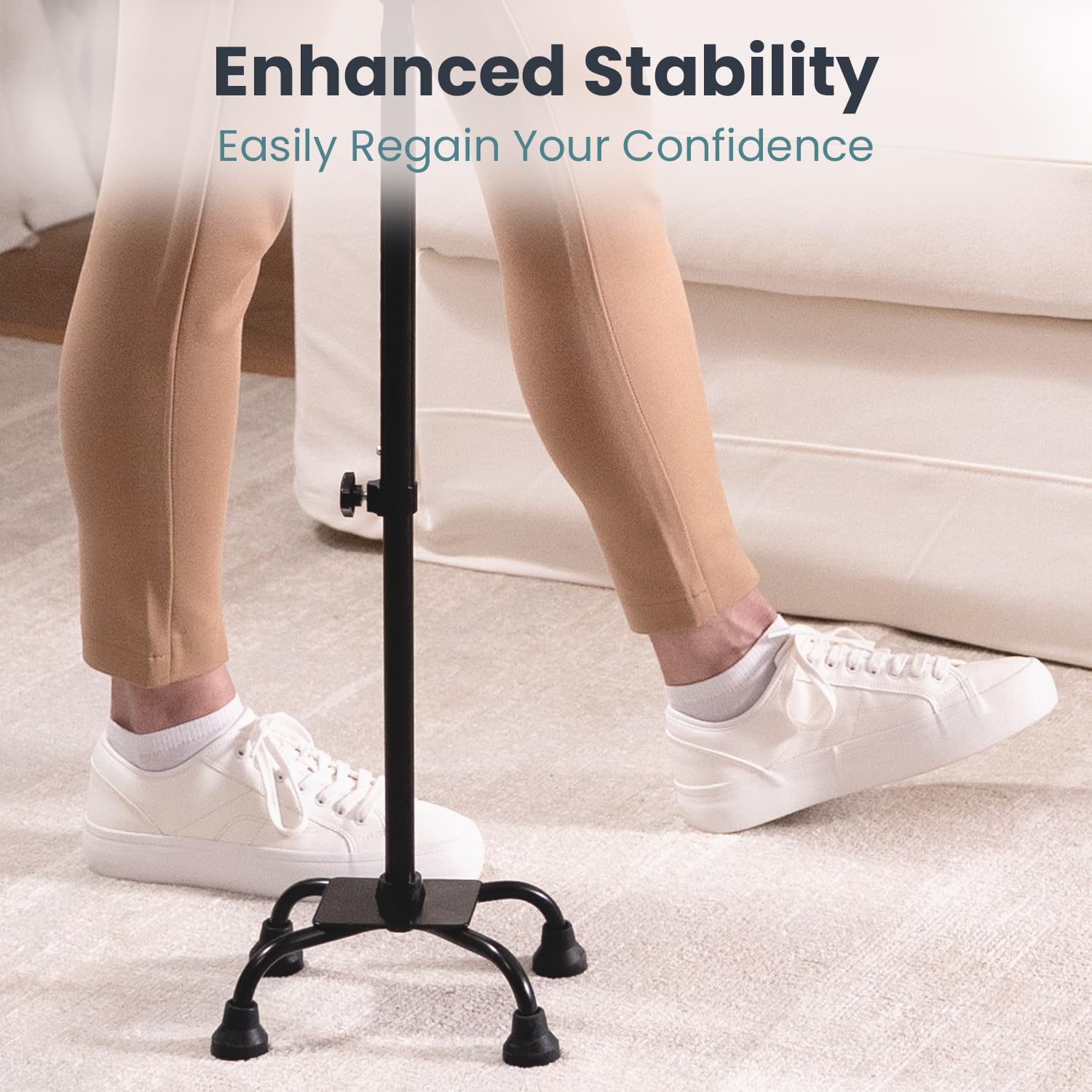 Quad Cane (300 lb) - Adjustable Walking Cane with A Large 4 Pronged Base for Extra Balance & Stability, Walking Canes for Seniors, Walking Cane for Men & Women, Walking Sticks