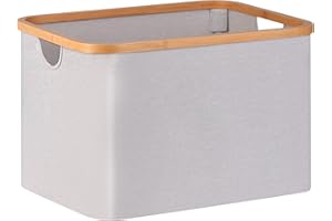 iEGrow Storage Baskets,47L Collapsible Storage Bins with Bamboo Handles,Rectangle Closet Storage for Organizing Toys, Books, Shelves, Closet,Light Grey