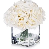 Enova Floral 18 Pieces Artificial Silk Roses Fake Flower Arrangement in Cube Glass Vase with Faux Water for Home Office Wedding Decoration (Cream)
