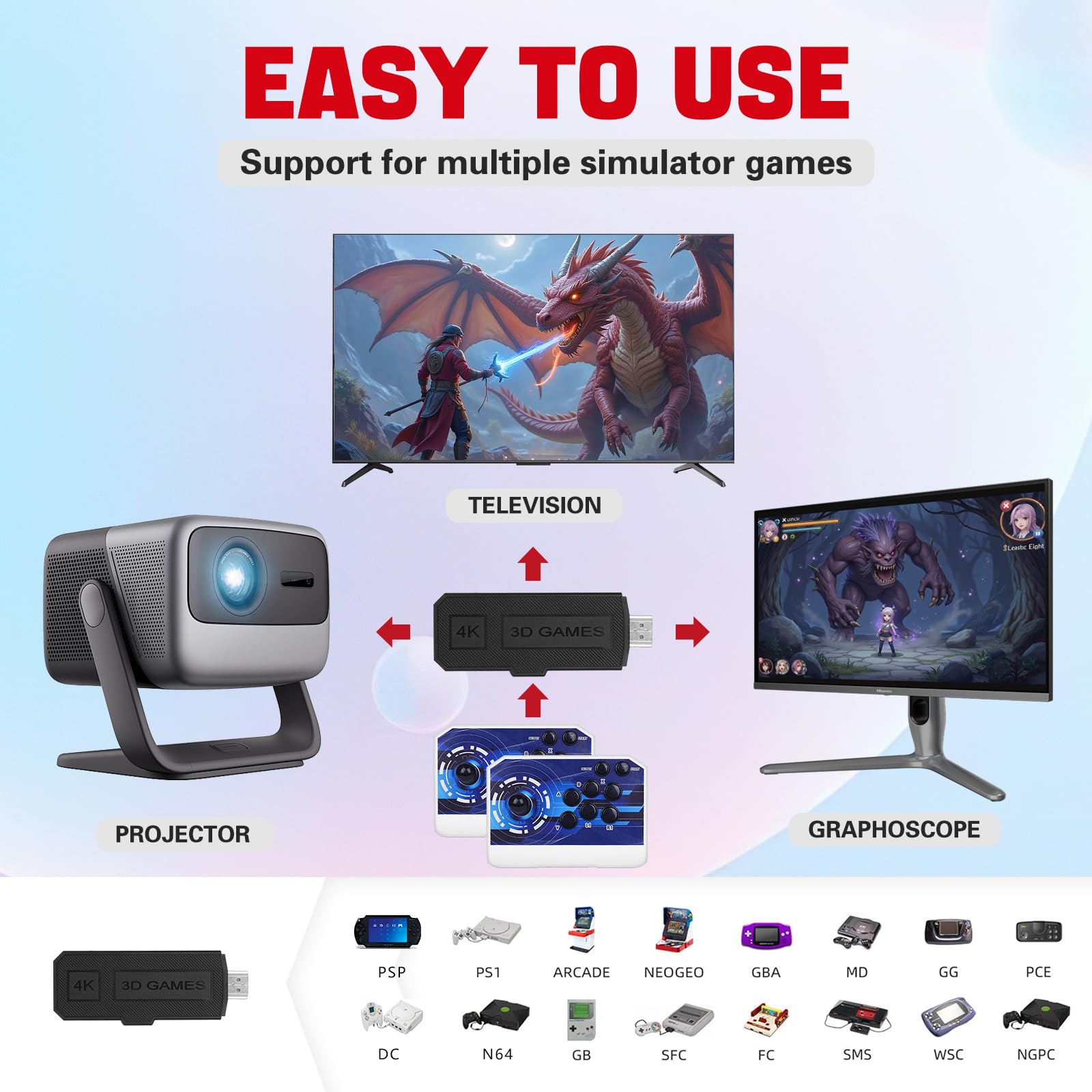Hugawelo 42000 in 1 Wireless Bluetooth Joystick Large 3D Game Console, 1280X720 high-Definition Output, Large 3D Games, Search/Save/Hide/Pause Games, 1-4 Players