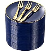 Festiva 200Pcs Navy Blue Gold Dessert Plates 6.3" with Plastic Forks 5"- Small Disposable Plates- Dessert/Cake/Appetizer Plastic Plates include 100Plates 100Forks for Christmas Party & Hanukkah