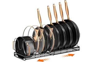 MUDEELA Pots and Pans Organizer : Rack for under Cabinet, Expandable Pot Lid Kitchen Cabinet Organizer Holder with 10 Adjustable Compartment, for Cutting Board, Cast-iron Pan, Heavy Cookware