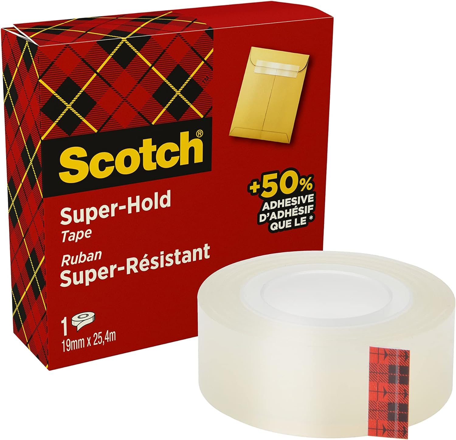 Scotch Super-Hold Tape, 1 Rolls, 19 mm x 25.4 m - 50% More Sticking Power Compared To Crystal Tape, Clear Sticky Tape, Strong and Secure Seal for Christmas Cards and Presents