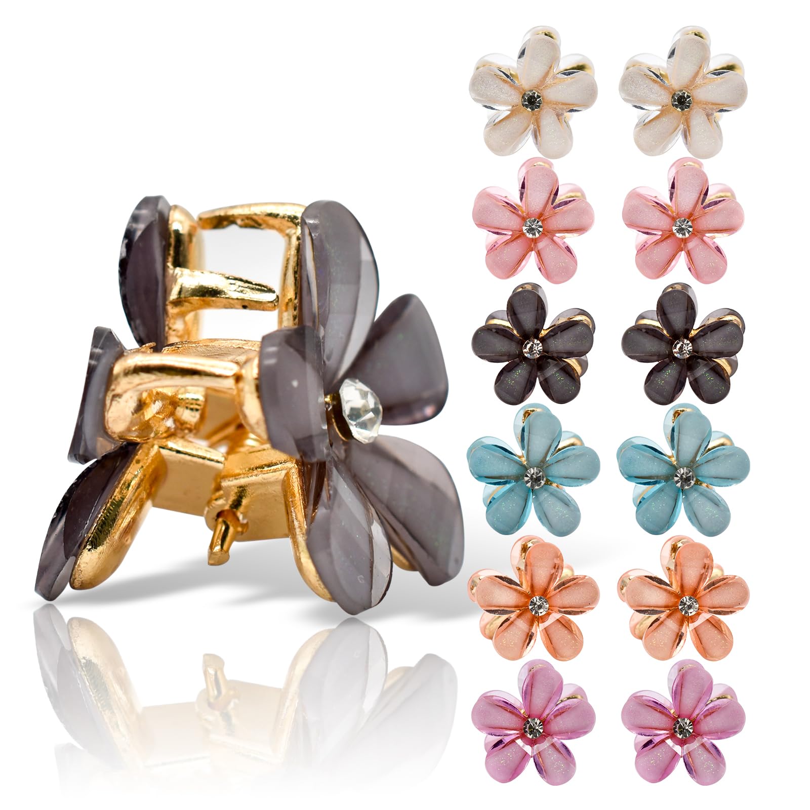 PAITOK 12 Pieces Set 6 colors(2 pcs each color) mini hair clips,Flower hair claw clip,Flower claw clips,Non-Slip Hair Clips for Girls Women Photo Daily Party Wedding Hairstyle Accessories