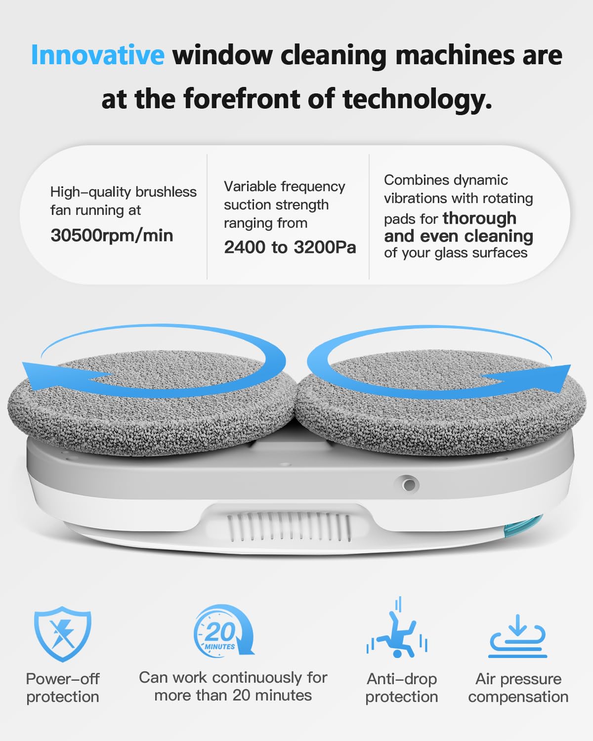 Robot limpiador de ventanas inteligente HIXZAP con pulverizador ultrasónico bidireccional y tanque de 85 ml - Detección automática de bordes, succión fuerte de 2400-3200 pa, protección anticaída para una limpieza sin esfuerzo