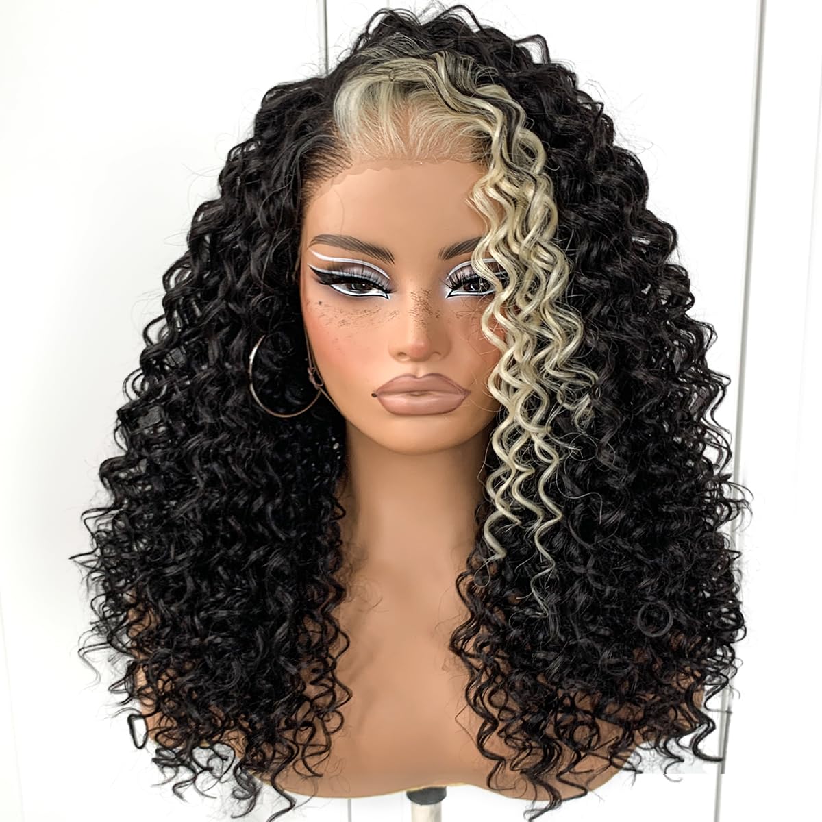 Photo 1 of MITIMES 13x6 Skunk Stripe Curly Wig Wear And Go Glueless Synthetic HD Lace Front Afro Wig Pre-Plucked Pre-Cut Afro Curly Layered Wig
